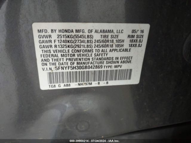 5FNYF5H30GB042869 Honda Pilot Ex