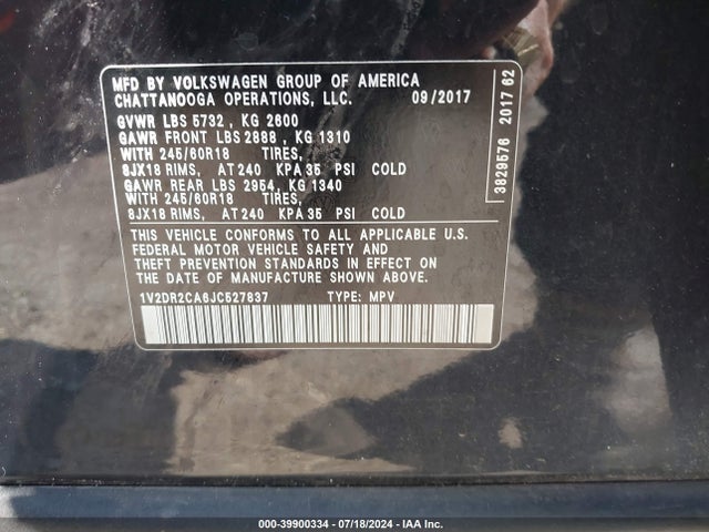 1V2DR2CA6JC527837 Volkswagen Atlas 3.6l V6 Se/3.6l V6 Se W/technology