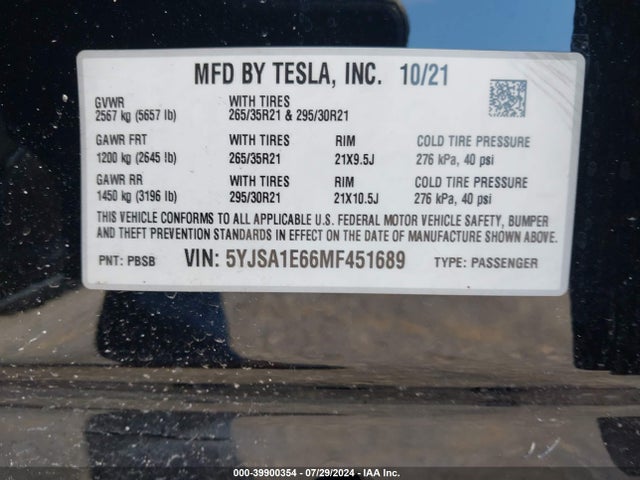 2021 TESLA MODEL S 5YJSA1E66MF451689 Photo 8
