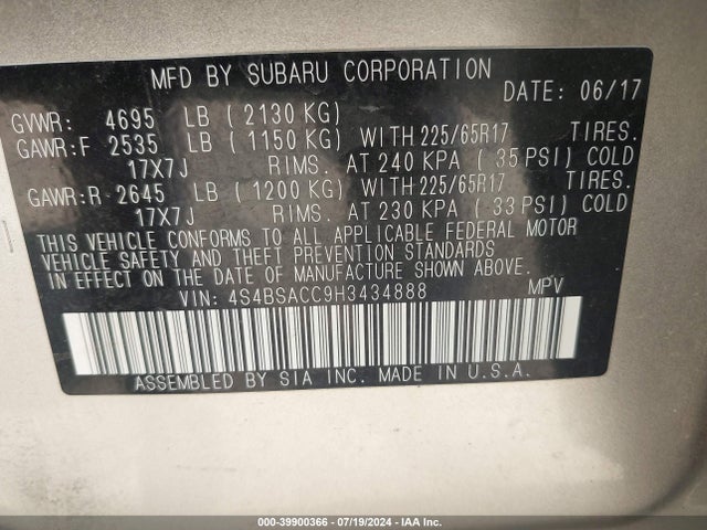 Subaru Outback 2.5i Premium 2017 4S4BSACC9H3434888 Image 9