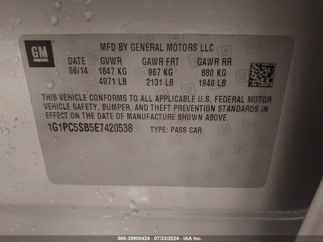 1G1PC5SB5E7420538 Chevrolet Cruze 1lt Auto