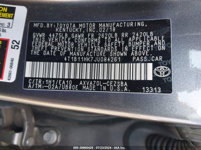Toyota CAMRY SE 2018 4T1B11HK7JU084261 Image 9