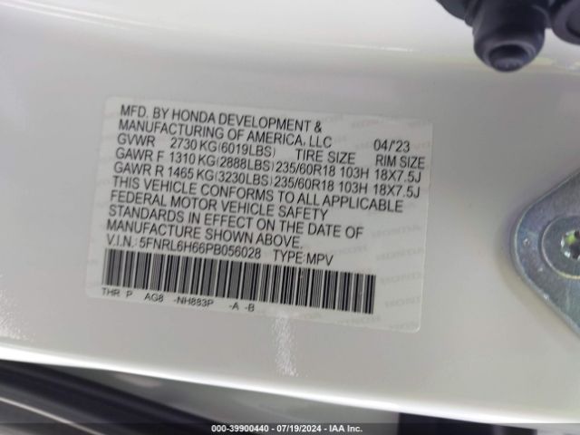 5FNRL6H66PB056028 Honda Odyssey Ex-l