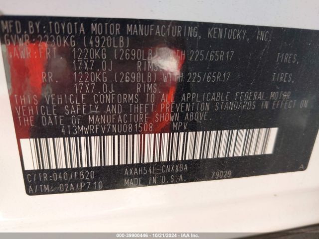4T3MWRFV7NU081508 Toyota Rav4 Hybrid Le