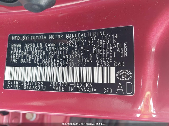 Toyota Corolla S Plus 2015 2T1BURHE3FC301717 Image 9
