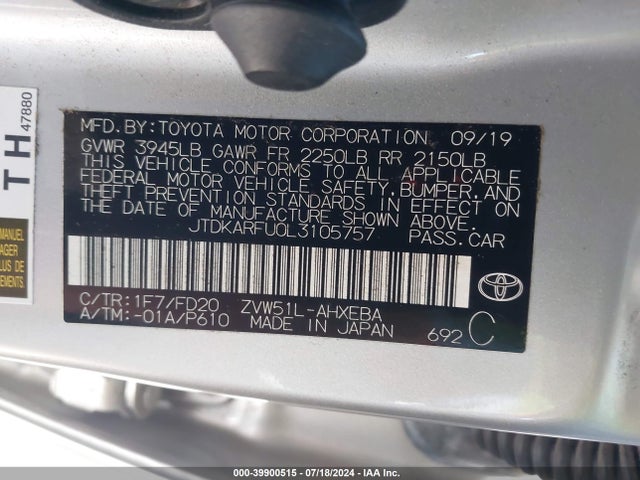 Toyota Prius Le 2020 JTDKARFU0L3105757 Image 9
