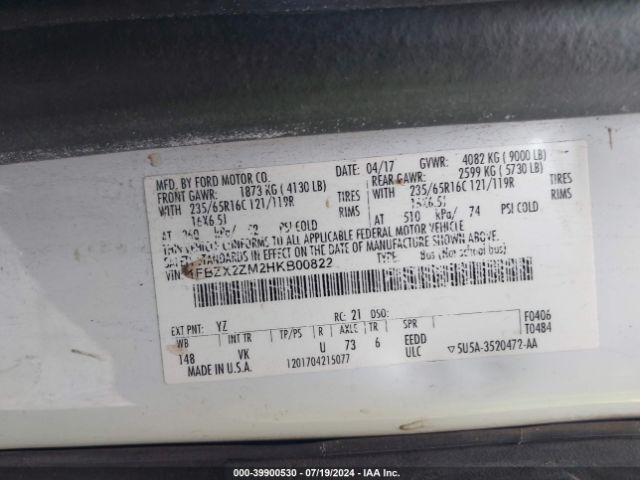 1FBZX2ZM2HKB00822 Ford Transit T-350