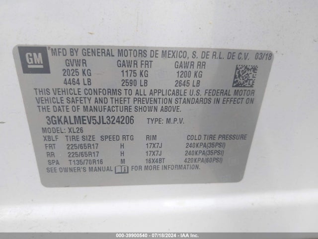 39900540 :رقم المزاد ، 3GKALMEV5JL324206 vin ، 2018 Gmc Terrain Sle مزاد بيع
