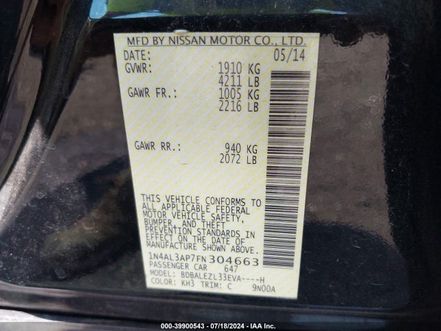 2015 Nissan Altima 2.5 S მანქანა იყიდება აუქციონზე, vin: 1N4AL3AP7FN304663, აუქციონის ნომერი: 39900543