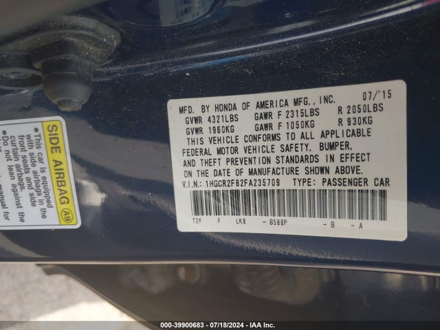 Honda Accord Ex-l 2015 1HGCR2F82FA235709 Image 9