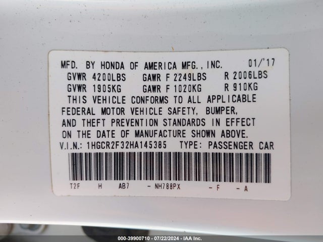 Honda ACCORD LX 2017 1HGCR2F32HA145385 Image 9
