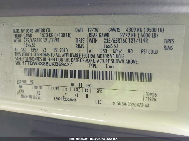 Ford Transit-350 Cargo Van 2020 1FTBW3X88LKB69437 Image 9