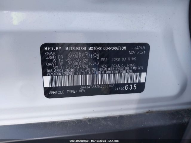 JA4J4TA82NZ053102 Mitsubishi Outlander Es 2.5 S-awc