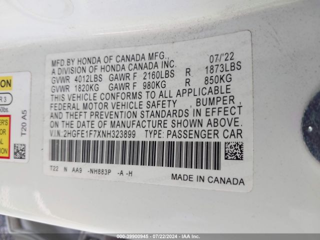 2HGFE1F7XNH323899 Honda CIVIC EX