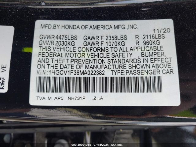 1HGCV1F36MA022382 Honda Accord Sport