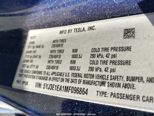 5YJ3E1EA1MF096864 Tesla Model 3 Standard Range Plus Rear-wheel Drive