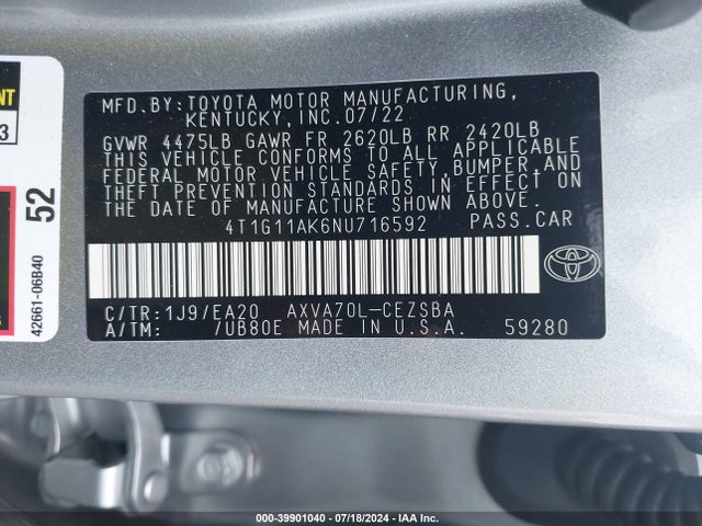 Toyota CAMRY SE 2022 4T1G11AK6NU716592 Image 9