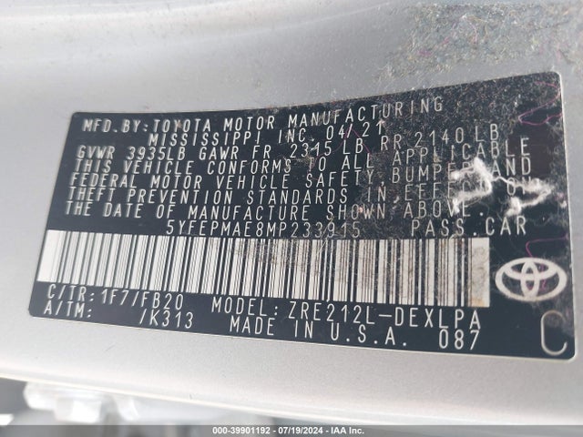 Toyota COROLLA LE 2021 5YFEPMAE8MP233915 Image 9