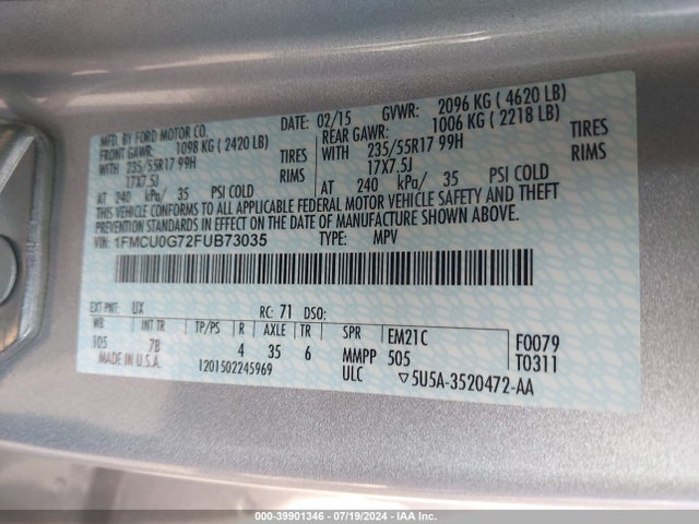 Ford ESCAPE SE 2015 1FMCU0G72FUB73035 Image 9