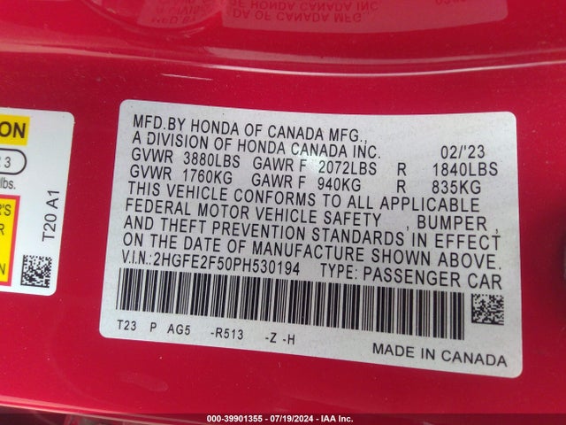 Honda Civic Sport 2023 2HGFE2F50PH530194 Image 9
