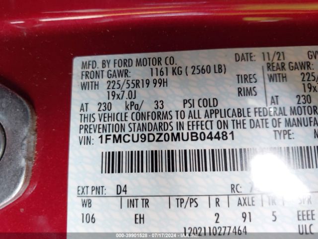 1FMCU9DZ0MUB04481 Ford Escape Titanium Hybrid