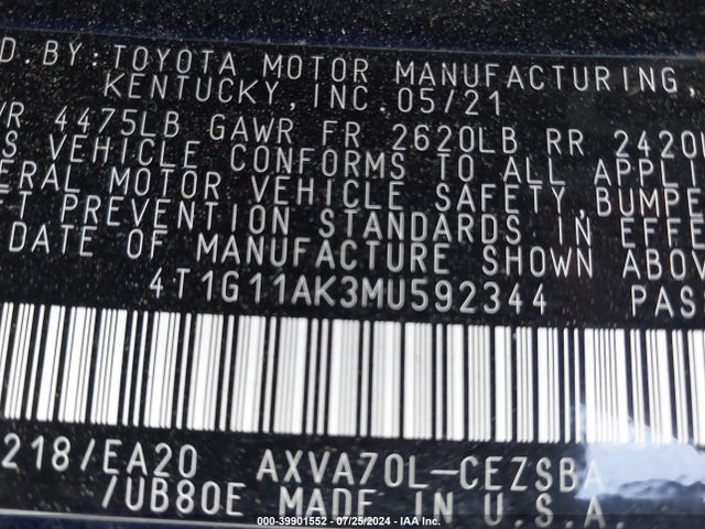 Toyota CAMRY SE 2021 4T1G11AK3MU592344 Image 9