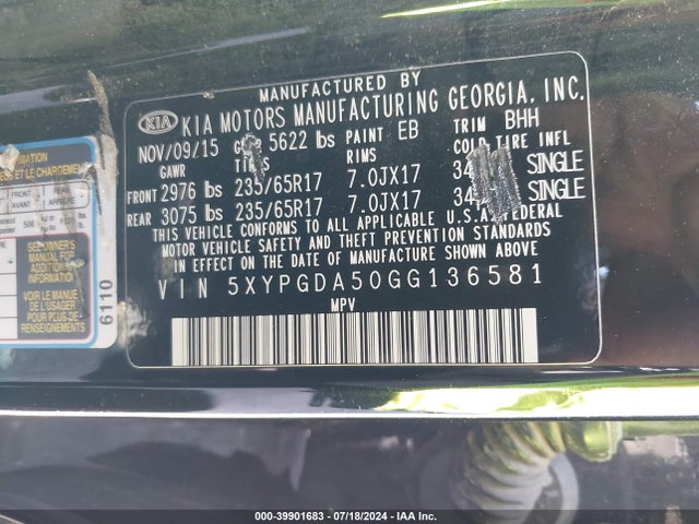 KIA Sorento 3.3l Lx 2016 5XYPGDA50GG136581 Image 9