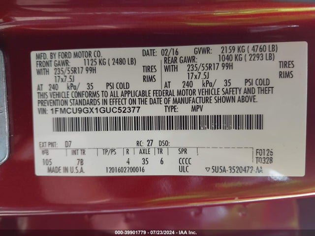 Ford ESCAPE SE 2016 1FMCU9GX1GUC52377 Image 9