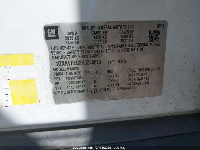 1GNKVFED3HJ240875 Chevrolet Traverse Ls