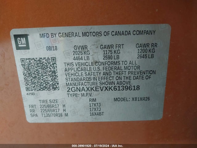 39901920 :رقم المزاد ، 2GNAXKEVXK6139618 vin ، 2019 Chevrolet Equinox Lt مزاد بيع