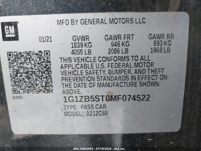 1G1ZB5ST0MF074522 Chevrolet Malibu Fwd Ls