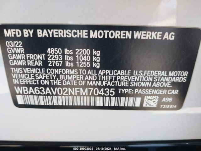 WBA63AV02NFM70435 BMW 430i Gran Coupe