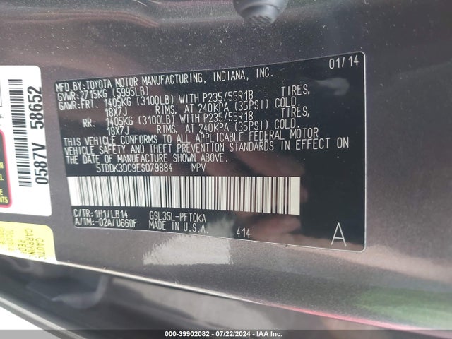 Toyota Sienna Xle 7 Passenger 2014 5TDDK3DC9ES079884 Image 9