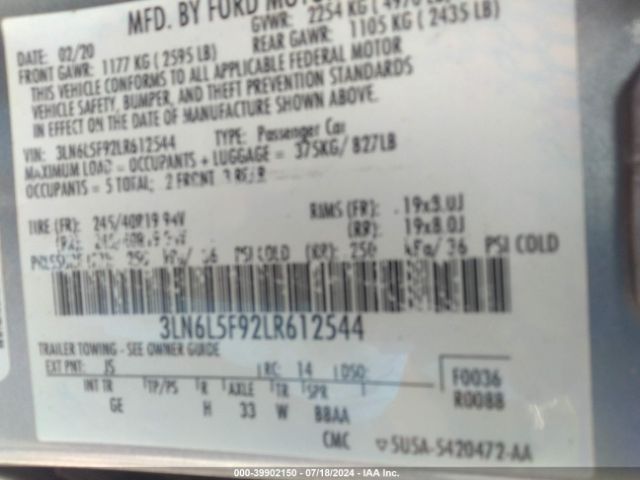 3LN6L5F92LR612544 Lincoln Mkz Reserve