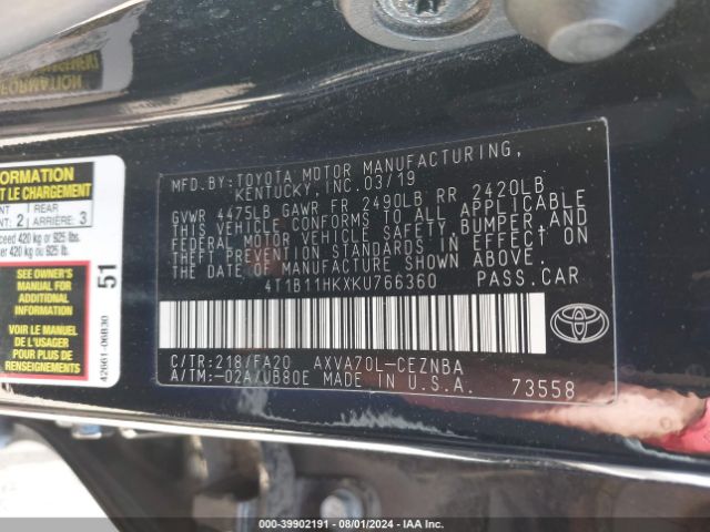 4T1B11HKXKU766360 Toyota CAMRY LE