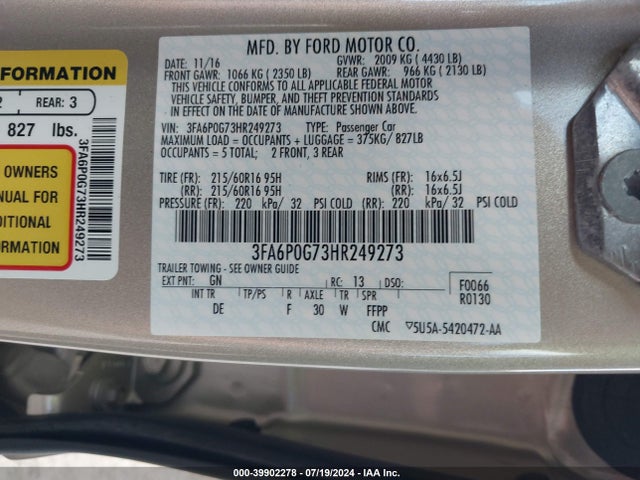 Ford FUSION S 2017 3FA6P0G73HR249273 Image 9