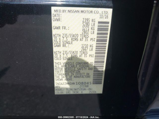 5N1AZ2MH1HN108045 Nissan Murano Platinum
