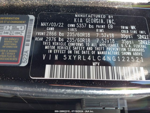 5XYRL4LC4NG122521 KIA SORENTO S