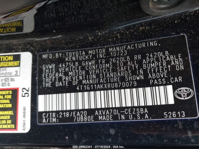 4T1G11AKXRU870079 Toyota CAMRY SE
