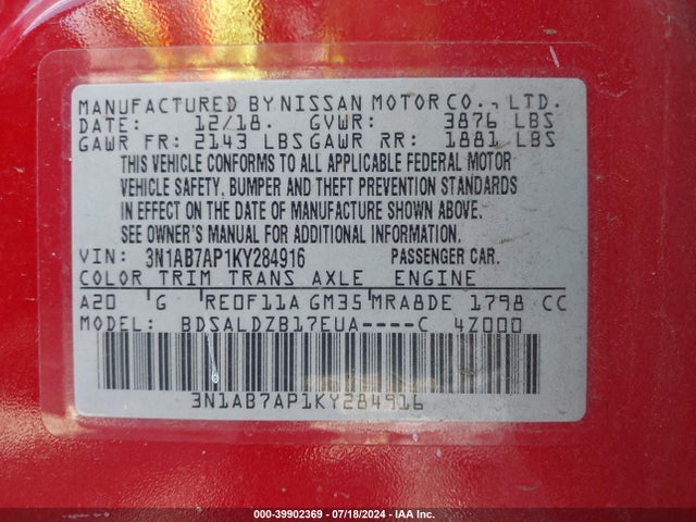 Nissan SENTRA SV 2019 3N1AB7AP1KY284916 Image 9