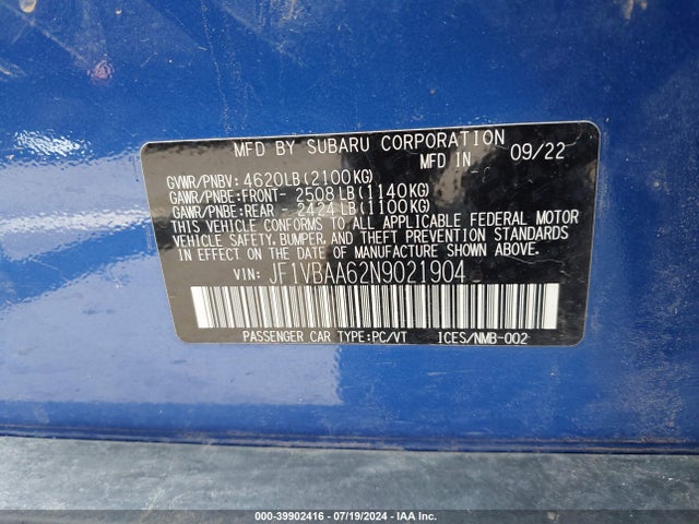 JF1VBAA62N9021904 Subaru WRX