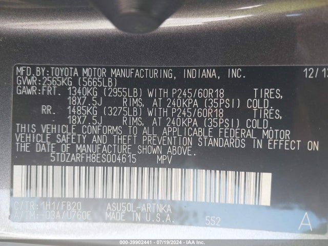 5TDZARFH8ES004615 Toyota Highlander Le