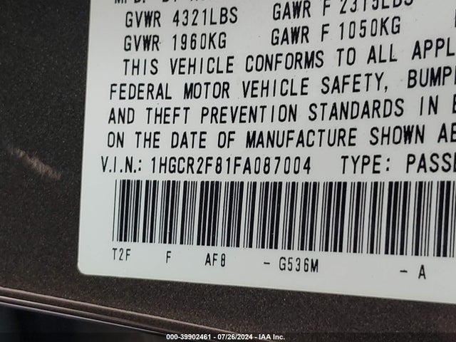 Honda Accord Ex-l 2015 1HGCR2F81FA087004 Image 9
