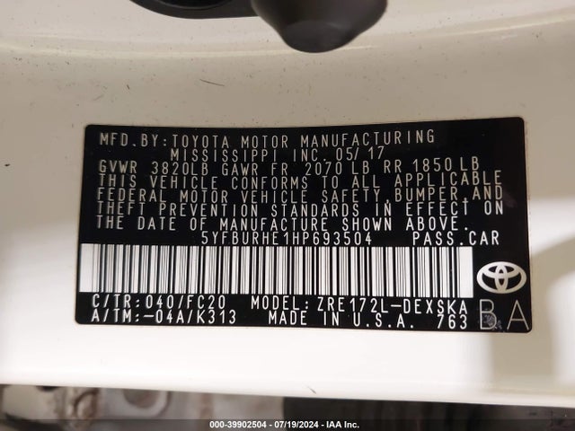 Toyota COROLLA SE 2017 5YFBURHE1HP693504 Image 9