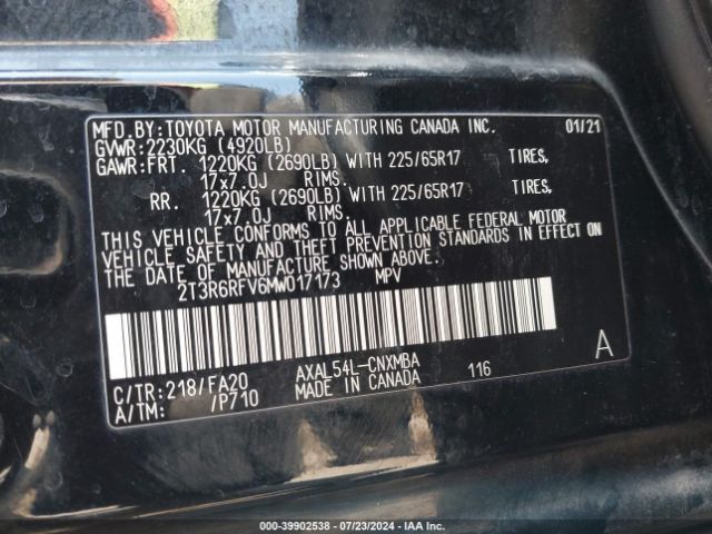 2T3R6RFV6MW017173 Toyota Rav4 Hybrid Xle
