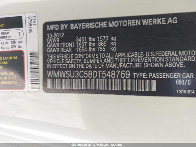 2013 MINI HARDTOP WMWSU3C58DT548769 Photo 8