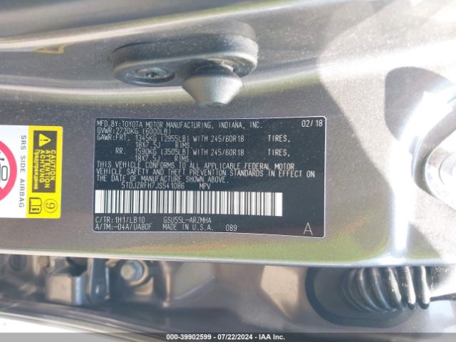 5TDJZRFH7JS541086 Toyota Highlander Xle