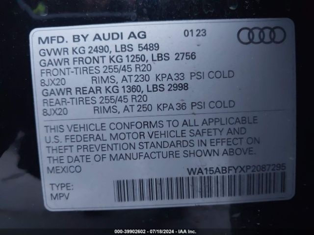 WA15ABFYXP2087295 Audi Q5 Sportback Premium Plus 45 Tfsi S Line Quattro S Tronic
