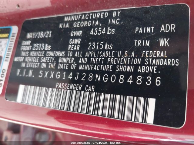 5XXG14J28NG084836 KIA K5 LXS