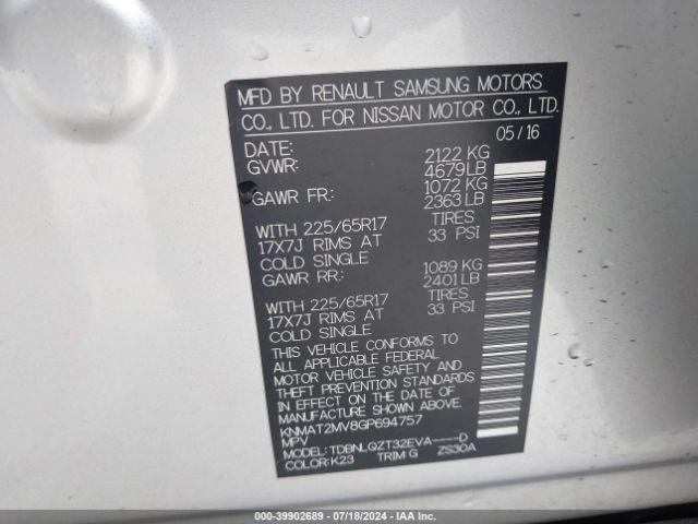 KNMAT2MV8GP694757 Nissan ROGUE SV